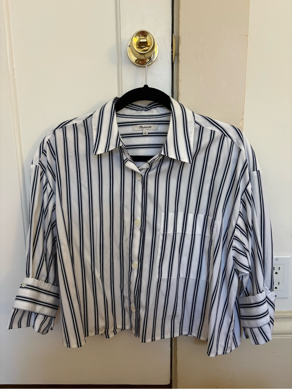 Madewell White and Navy Striped Button-Up Shirt